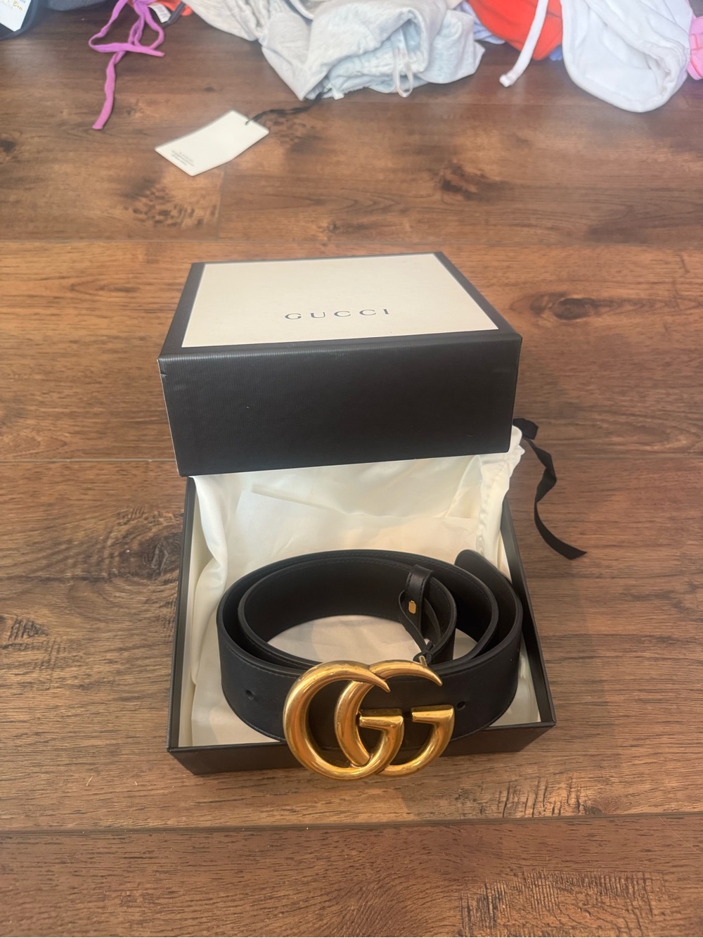 Gucci Black Leather Belt with Gold Double G Buckle